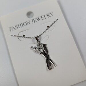Stylist Hair Dresser Silver Tone Scissors Comb Charm Necklace